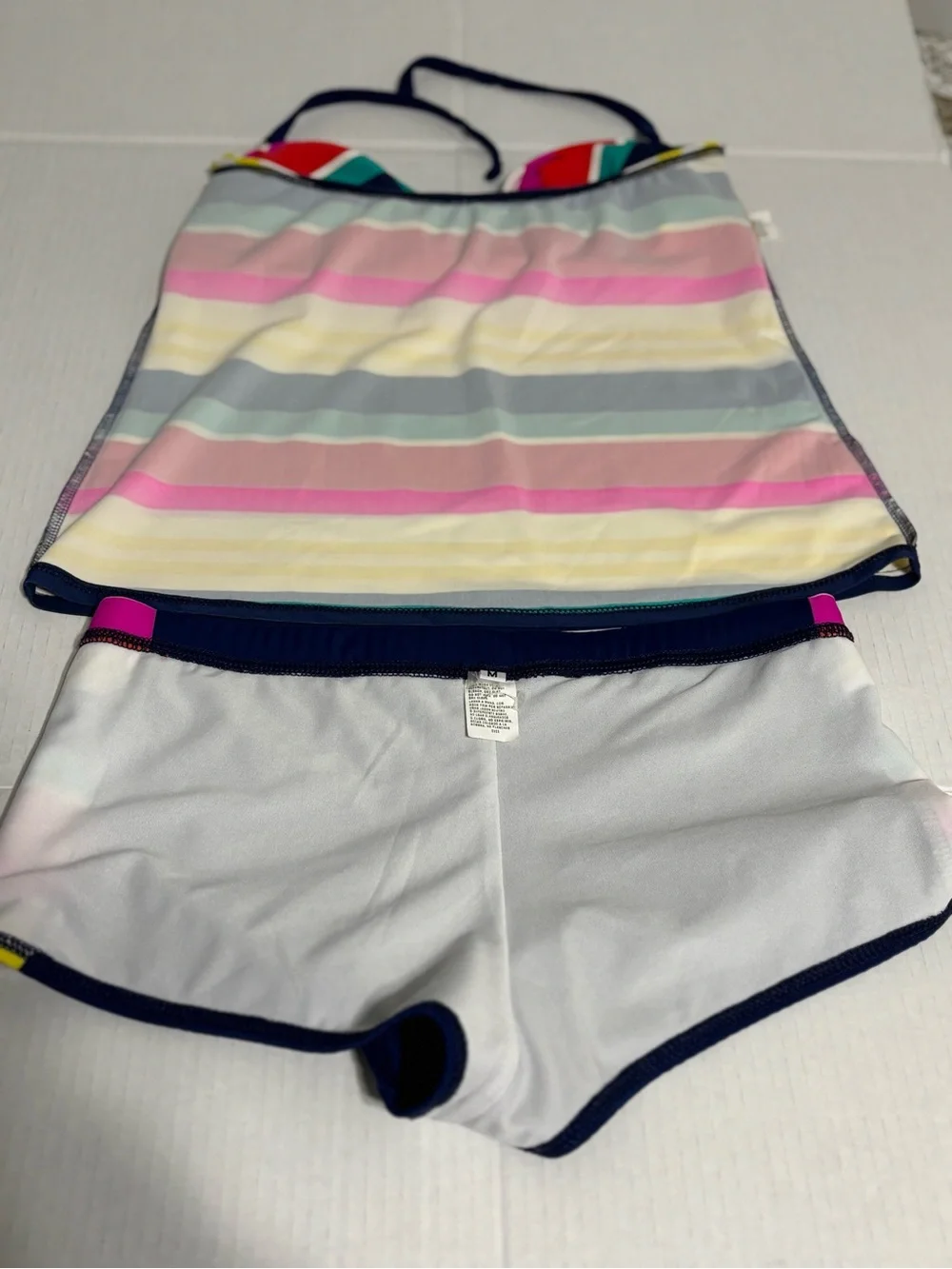 Tankini Set Striped Multicolor Top with Navy Swim Shorts Women M